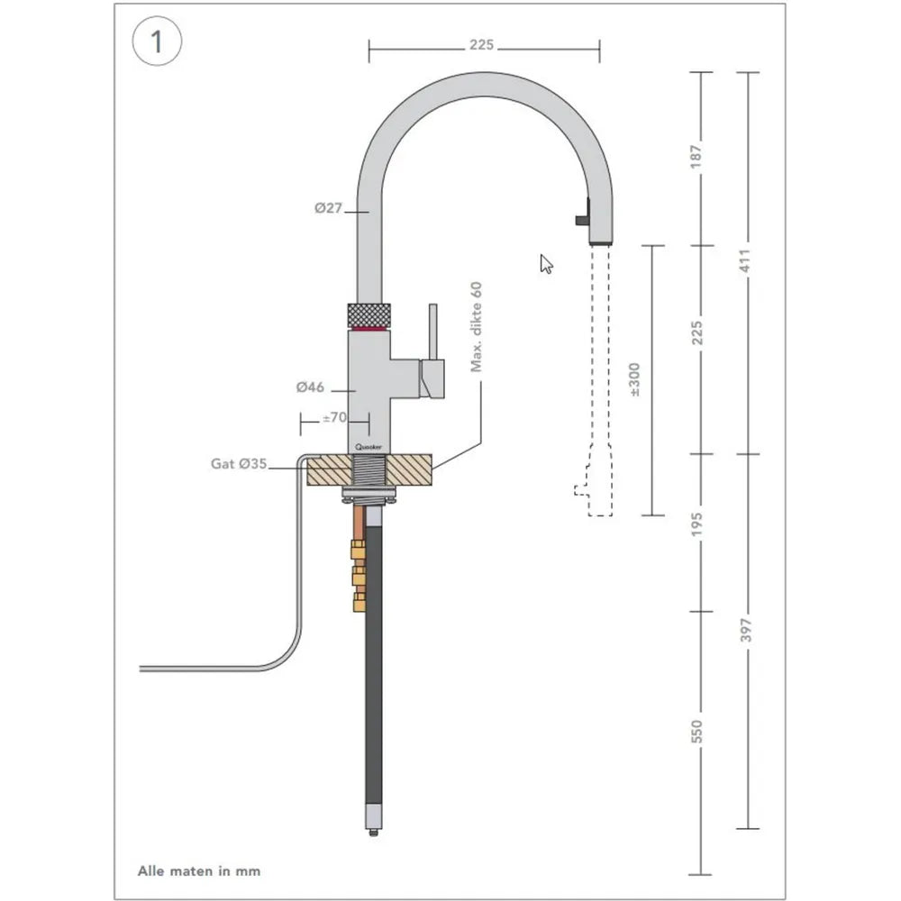 Quooker 22+XCHRCUBE afmeting kraan