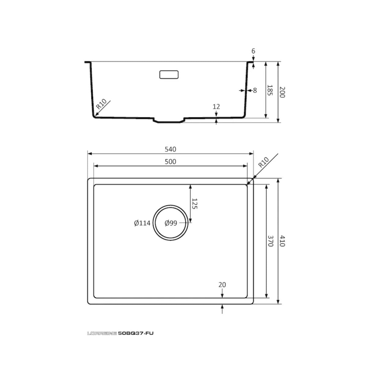 Lorreine Spoelbak 50BQ37-FU afmeting