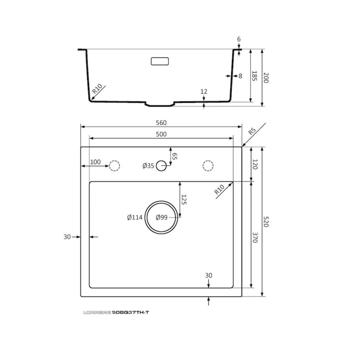 Lorreine Spoelbak 50BQ37TGM afmeting
